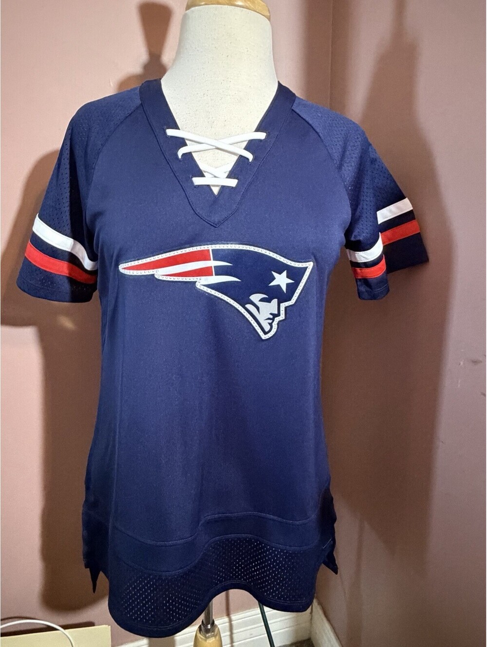 NFL Team Apparel New England Patriots Rhinestone Lace Up Jersey Womens Medium
